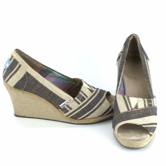 Toms Peep Toe Cork Wedges 6.5W Canvas Geometric Pattern Open Toe - Picture 5 of 11